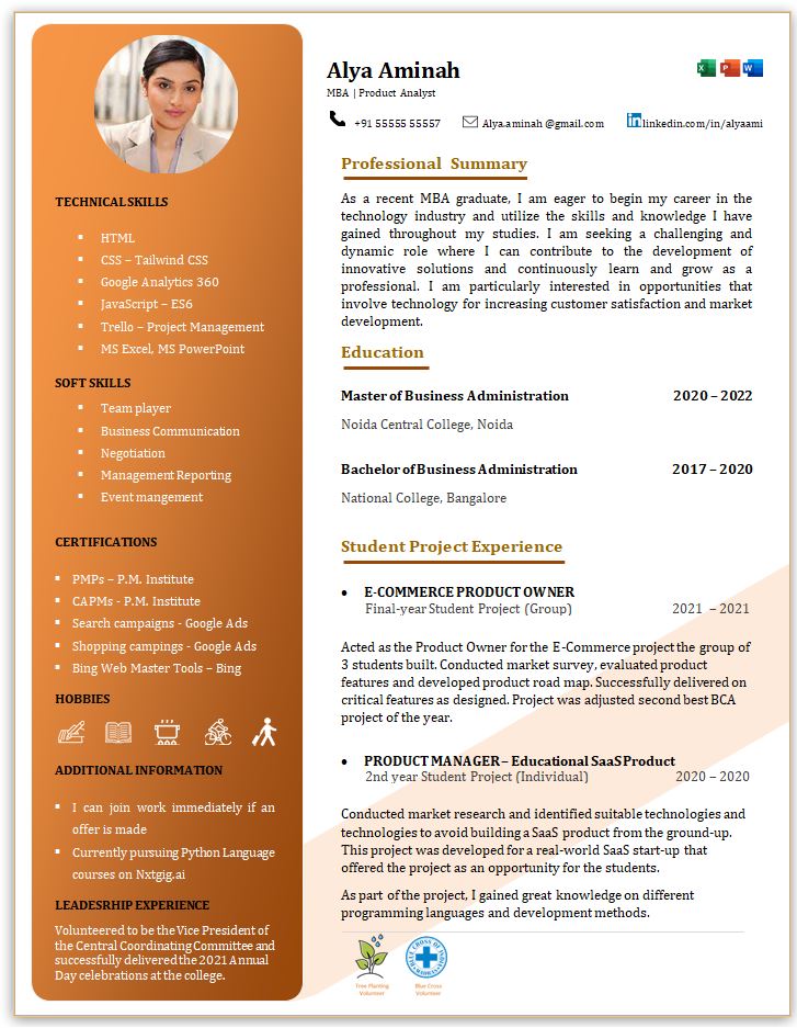 MBA Fresher Resume for Management Trainee jobs